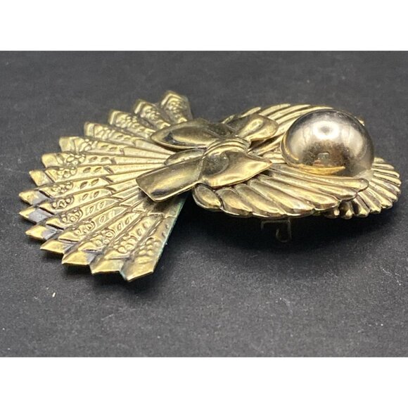 Vtg Brass Angel Brooch Halo Fan Bow Textured Wings 2.5" Patina Christmas Pin - Picture 4 of 8